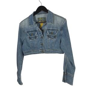 Star Jeans Women's Cropped Denim Jacket M Blue Button Front Long Sleeve Y2K Boho